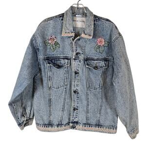 Vintage American Pacific 80s Denim Jacket Womens S Acid Washed Tapestry Boho